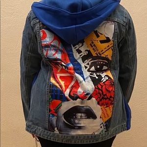 1X-3X abstract face art/Beatles band jersey and denim mix cozy jacket.